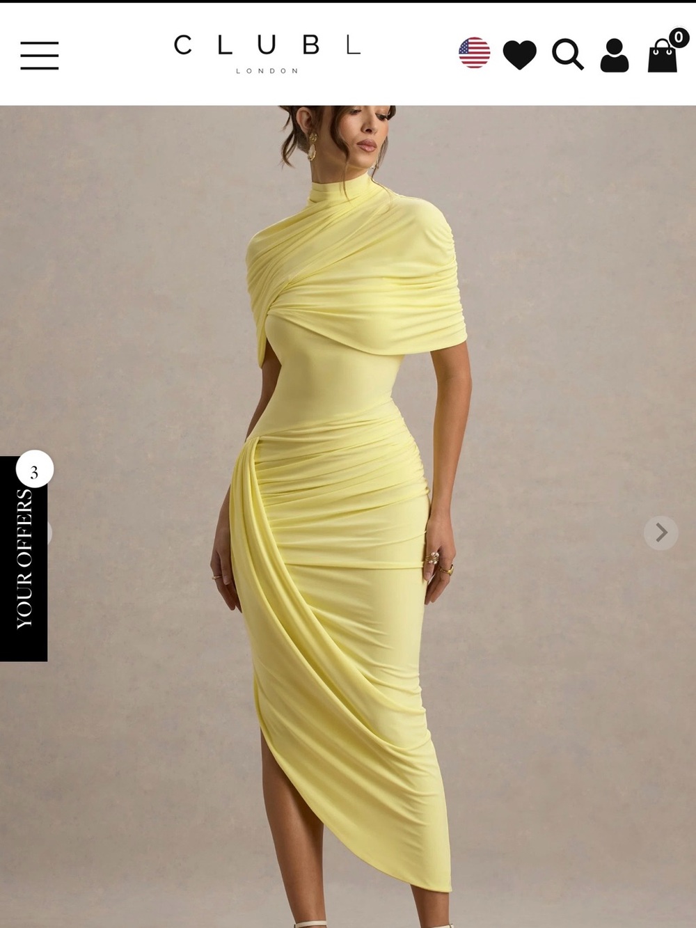 Club L London Pale Yellow Asymmetrical Draped Midi Dress